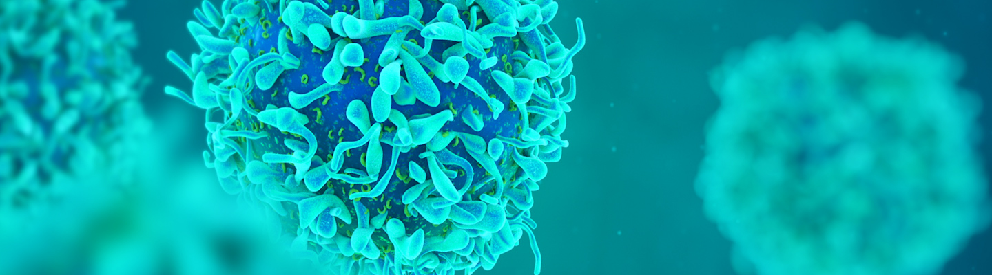 Digital illustration of a close-up cell with spiky surface projections, glowing teal and blue tones, scientific mood